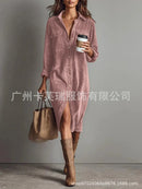 Retro Chic Women Midi Dress Corduroy Fabric Lapel Collar Popular Button Front Loose Fit Long Sleeve Comfy Casual Daily Outfit