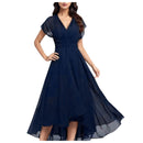 Womens Dresses Wedding Party Bridesmaid Elegant V Neck Chiffon Dress Slim High Waist Flutter Sheer Mesh Sleeve Long Dresses