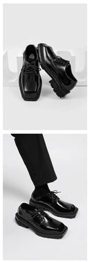 New square head Leather Shoes women Casual Men Formal Dress Thick Bottom Loafers Lace-up Black British Business Work Shoes 44