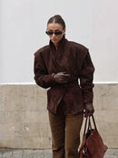 Women Fashion V-neck Lapel Belt Leather Jacket Chic Lace Up High Waist Full Sleeve Overcoat 2025 Lady Autumn High Street Outwear