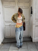 Khaki Cropped Bomber Jackets Women Lapel Collar Full Zip Closure Pocket Detail Long Sleeve Streetwear Lady Casual Y2k Outfits