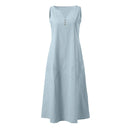 Breathable Summer Women Midi Dress Linen Blend Notch V Neck Dress Button Sleeveless Loose Fit Dresses Comfy Casual Beach Outfit