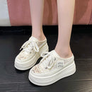 9.5cm Increasing Height Women Slippers 2024New Summer Autumn Canvas Mules Shoes Ladies Round Toe High Wedge Platform Slides Shoe
