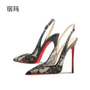 Black lace high-heeled sandals for the summer of 2025, new pointed, thin heel,shallow mouth,comfortable professional single shoe