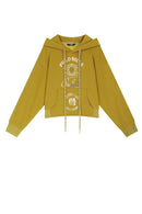 ELFSACK 2025 Autumn New Arrivals Retro Casual Large Area Print Long Drawstring Hooded Hoodie For Woman