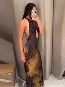 Vintage Floral Printed Midi Dress Women Backless Satin Halter Cutout Bodycon Split Hem Party Dresses 2026 Summer Elegant Gown