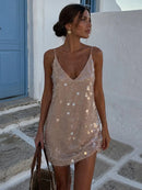 Fashion Women's Sequined Patchwork Slip Dress Solid V-neck High Waist Loose Sleeveless Mini Skirt 2026 Summer Sexy Party Dresses