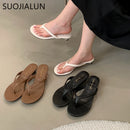 SUOJIALUN 2025 Summer New Brand Women Slipper Fashion Narrow Band Slip On Flip Flop Shoes Square Low Heel Outdoor Sandals