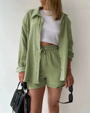 Summer Women Pajamas Fashion 100% Cotton Pink Loose Fitting Casual Pajamas 2-Piece Shorts Lace Up Lady Homewear Wearing Outside