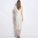 Luxury Crystal Chain Lace Formal Dress Women Summer Vacation Short Sleeve Single Breasted Bead Lace Pencil Long Dresses Evening