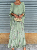Female Elegant Floral Print Chiffon Boho Long Dress Spring Round Neck Women Pullover Dress Half Bat Sleeve Cake Skirt Dress