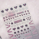 Pink Girl Lace Bow Nail Sticker 3D Relief Sweet Cool Checkered Nail Art Stickers Laser Silver Star Love Heart Manicure Decals