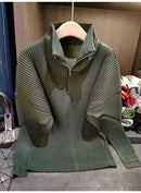 Miyake Pleated Sweatshirt Pit Stripe Zipper Standing Collar Jacket Women 2025 New Casual Pullover Hundred Pleat Skinny Tops