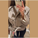 Chic Grid Belt Women's Coat Double Breasted Lapel Lace-Up Long Sleeve Lady Coats 2026 Autumn Fashion Female Vintage Jacket Lady
