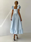 Flying Sleeve Ruffle Striped Slip Long Dress Women Elegant Square Collar Waist Cinching Pleat Party Dresses Chic Ladies Vestido