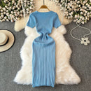 Elegant Knitted Long Dress Women Summer V Neck Single Breatsed Short Sleelve Bodycon Dresses Fashion Party Office Lady Vestidos