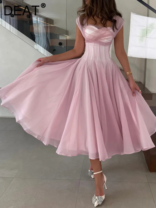 DEAT Elegant Dress Strapless Gauze High Waist Pleated A-line Big Swing Women's Evening Party Dresses 2026 Spring New 35Z2614
