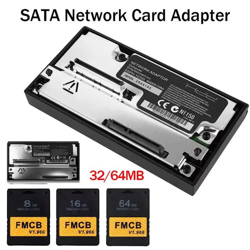 用于 PS2 PlayStation 2 胖版游戏机的 SATA 接口网卡适配器，SATA 硬盘 SATA 插槽，带 Free McBoot V1.966 FMCB 记忆卡