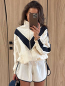 Casual Paneled Contrast Women's Pants Sets Stand Collar Zipper Cropped Jackets Elastic Wide Leg Pant 2026 Autumn Lady Tracksuits