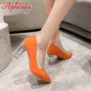 Aphixta 7cm High Heels Women Lady Orange Leather Pumps Female Wedding Green Transparent Shoes Drop Shipping Plus Size  30-50