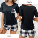 Two piece women's pajama round neck short sleeved T-shirt and checkered bow front shorts casual home pajama set