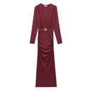 HXAO Elegant Midi Burgundy Dresses 2025 Spring Summer Women Long Sleeve Dress Fashion Party Evening Vintage Long Dress Vestidos