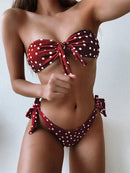 Front Tie Bandeau Bikini Swimwear Women Off Shoulder Black Dot Print High Let Bikinis Bathers Bathing Suit Thong Swimsuit 2022