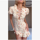Women Chic Floral Print Bodycon Dress Holiday v-neck Pleated Patchwork Flared Sleeve Ruffle 2026 Summer Casual Latest Vestidos