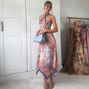 Chic Printed Women's Dress Halter Sleeveless Irregular Waist-Closed Lady Dresses 2026 Summer Chic Female Vacation Holiday Robe