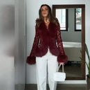 Sexy Lace Patchwork Women's Fur Coat V-Neck Full Sleeve Waist-Closed Lady Coats 2026 Autumn Winter Chic Female Streetwear