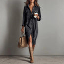 Retro Chic Women Midi Dress Corduroy Fabric Lapel Collar Popular Button Front Loose Fit Long Sleeve Comfy Casual Daily Outfit
