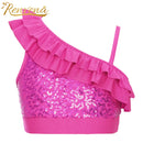 Fashion Girls Tops for Dancing Summer Sleeveless Asymmetrical Sequins Ruffled Tank Crop Top Kids Dance Wear Children's Clothes