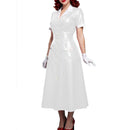 Elegant Women Midi Dress Shiny PVC Leather Turn-down Collar Patchwork Single-Breasted Long Dress Party Club  A-line Female Dress