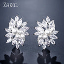 ZAKOL 精致立方氧化锆水晶耳钉 女士时尚白色花朵手工婚礼珠宝 EP480