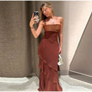 Elegant Patchwork Women's Dress Sleeveless Cascading Ruffle Skew-Collar Lady Long Dresses 2026 Summer Chic Female Vacation Robe