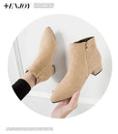 Short women's boots 2025 autumn/winter new Korean version medium thick heel short boots with zipper frosted face pointed single