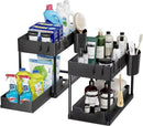 Kitchen Bathroom Under Sink Organizer 2-Tier Sliding Storage Basket Multipurpose Shelf with Hanging Cup and Hook Accessories
