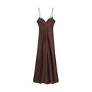 HH 2025 Women Red V-Neck Holiday Style Satin Texture Long Dress Sleeveless Summer Women's Back Zipper Fashion Sling Dresses