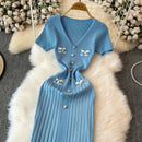 Elegant Knitted Long Dress Women Summer V Neck Single Breatsed Short Sleelve Bodycon Dresses Fashion Party Office Lady Vestidos