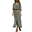 Summer Polka Dot Print Maxi Dress Women's Button Up Split Flowy Shirt Long Dresses Slim Long Sleeve Shirts Dresses With Belt