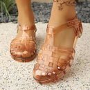 Summer Women's New Flats Sandals, Fashionable Hollow Casual Roman Sandals, Spring and Summer Non-Slip Beach Shoes Crystal Shiny Thick Heel Plastic Pvc Sandals
