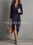 Retro Chic Women Midi Dress Corduroy Fabric Lapel Collar Popular Button Front Loose Fit Long Sleeve Comfy Casual Daily Outfit