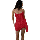 Women Strapless Bandage Backless Floral Lace Corset Tube Dress Sleeveless Off Shoulder Ruched Mesh Bodycon Mini Dress