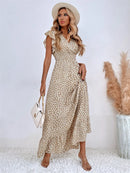 Msfilia V-neck Lotus Leaf Edge Elegant Dress Women Spring Summer Printed Long Dress