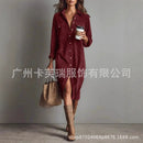 Retro Chic Women Midi Dress Corduroy Fabric Lapel Collar Popular Button Front Loose Fit Long Sleeve Comfy Casual Daily Outfit