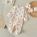 Suefunskry Baby Girls Valentine's Day Jumpsuit Long Sleeve Crew Neck Heart Print Ruffle Zipper Romper with Headband