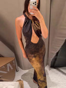 Vintage Floral Printed Midi Dress Women Backless Satin Halter Cutout Bodycon Split Hem Party Dresses 2026 Summer Elegant Gown