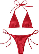 Sexy Women's Metallic Halter Top Two Piece Swimsuit Tie Side Triangle Bikini Summer Solid Bathing Suit Beachwear Bikini Set