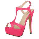 2026 New Women Sandals 14cm Sexy T-Strap Peep Toe Platform Summer Red Wedding Shoes Patent Leather Thin High Heels Big Size 44