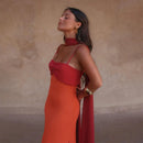 Color Blocking Scarf Collar Sling Dress Sexy Waist Cinching Chic Split Bodycon Maxi Dresses 2026 Lady Club Party Vestido